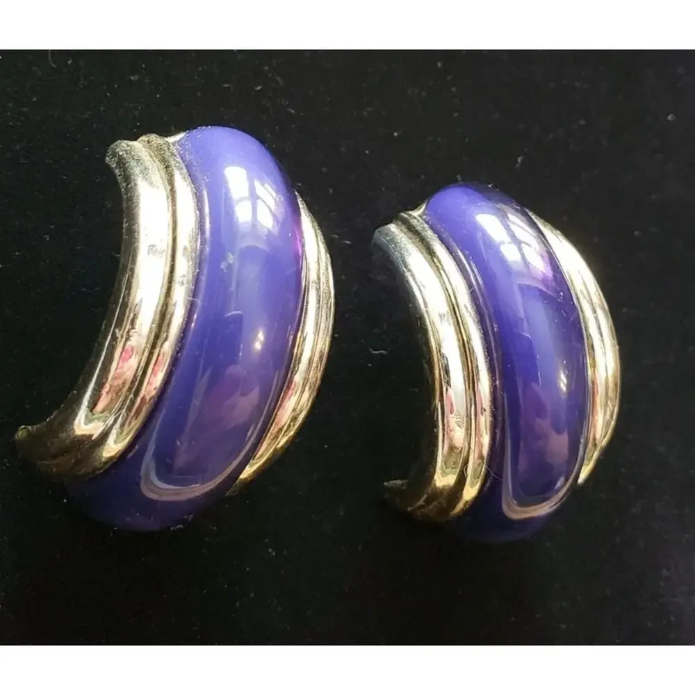 Vintage Half Hoop Pierced Earrings, Blue‎ & Gold, 1.5